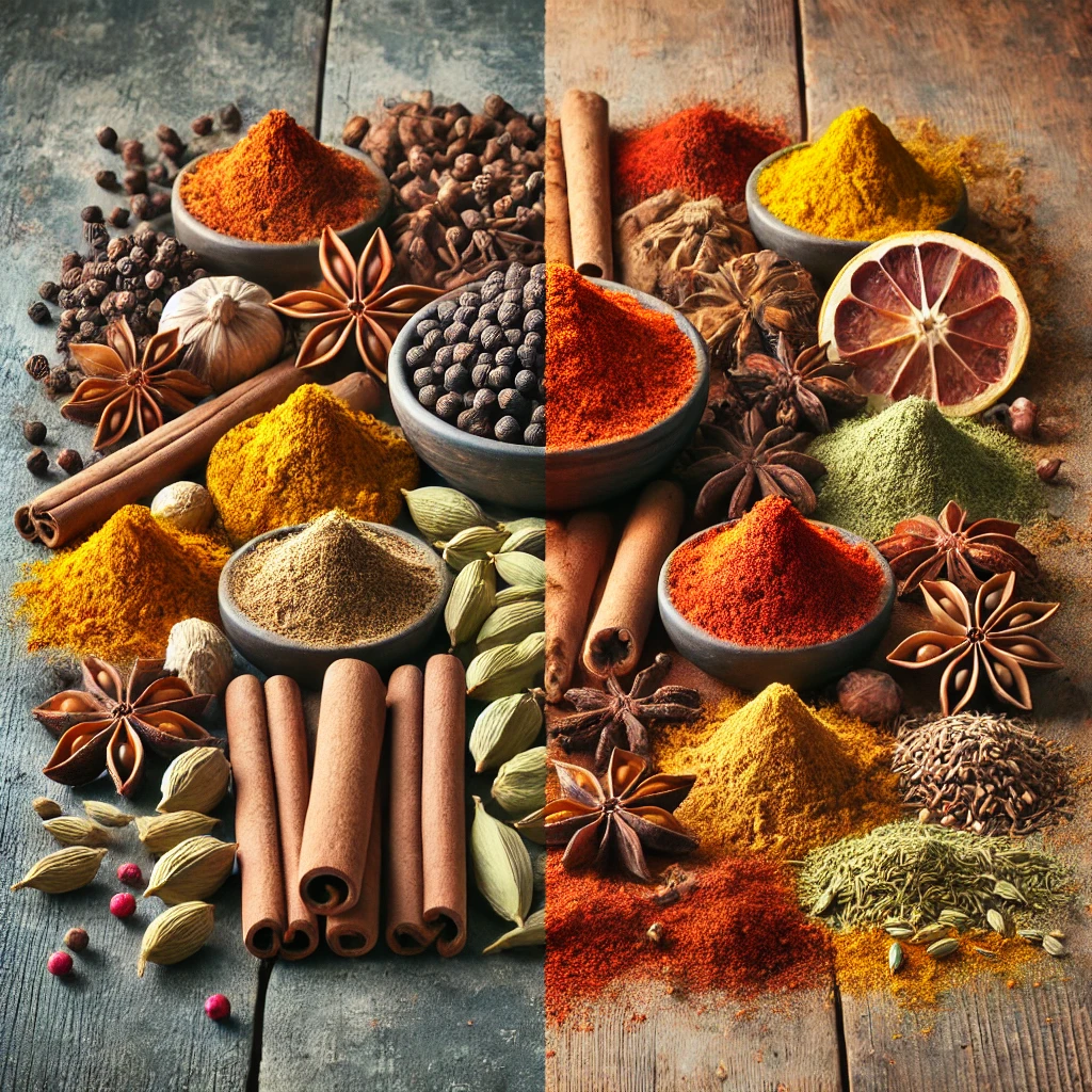 A creative comparison showing whole spices on one side and their blended powdered form on the other.