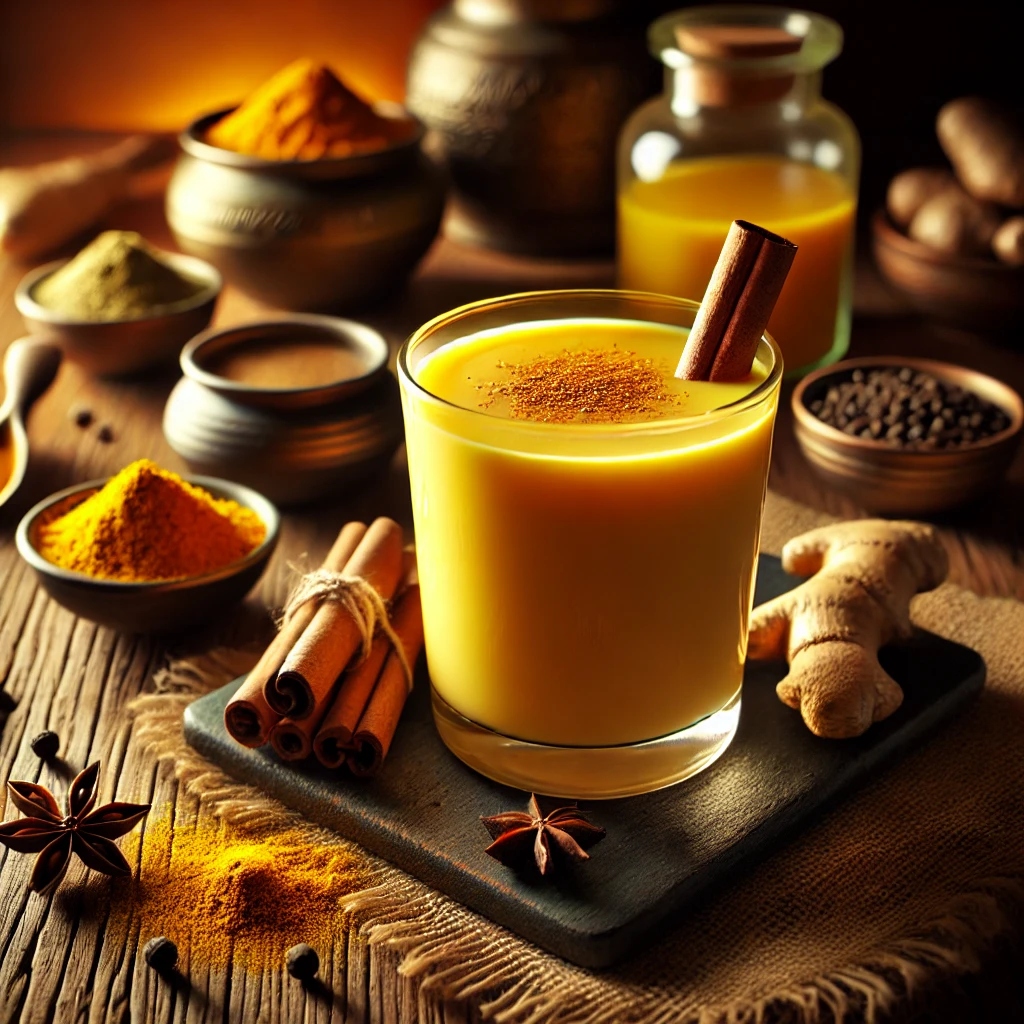 A warm and inviting image of a glass of golden milk, garnished with a sprinkle of cinnamon and black pepper, sitting on a wooden table with a backdrop of spices.