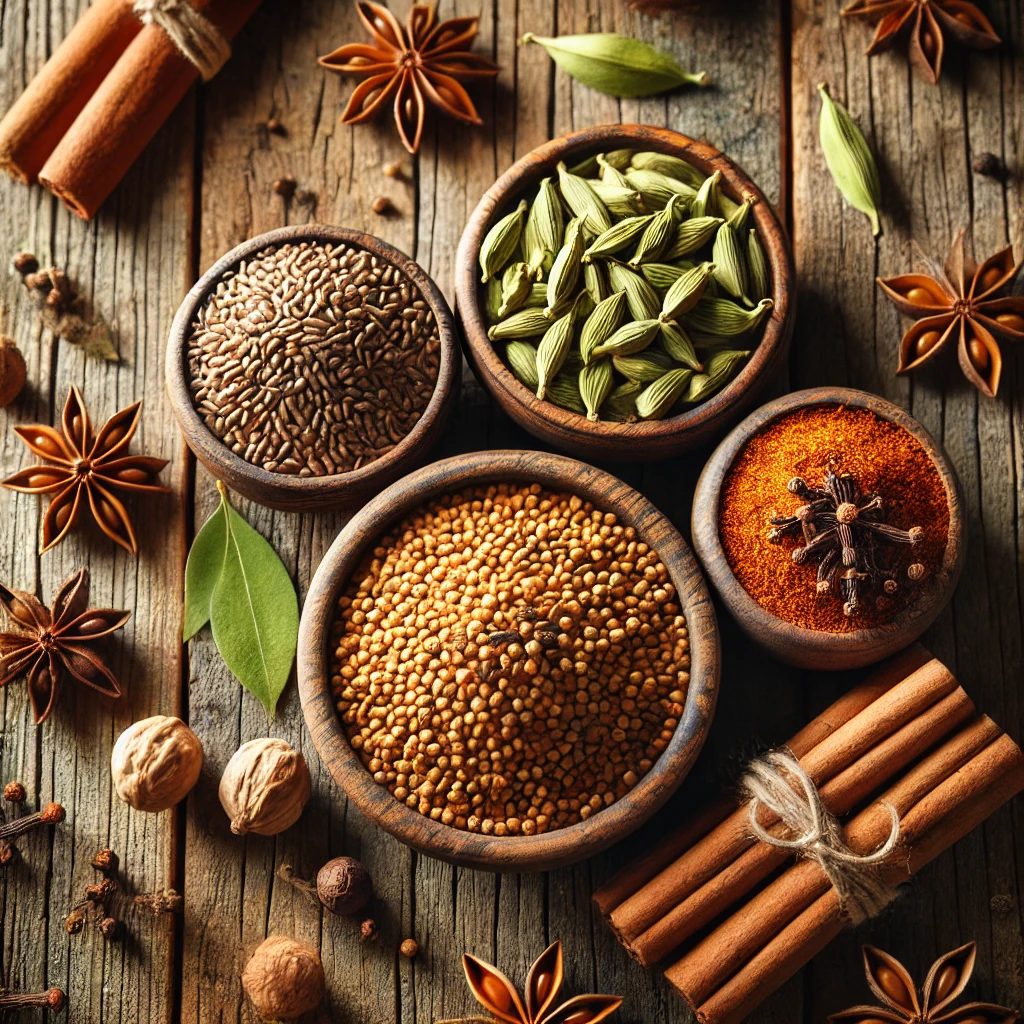 A vibrant top-down shot of whole spices like cumin, coriander, cinnamon sticks, cardamom, and cloves arranged aesthetically on a wooden table or a rustic background.