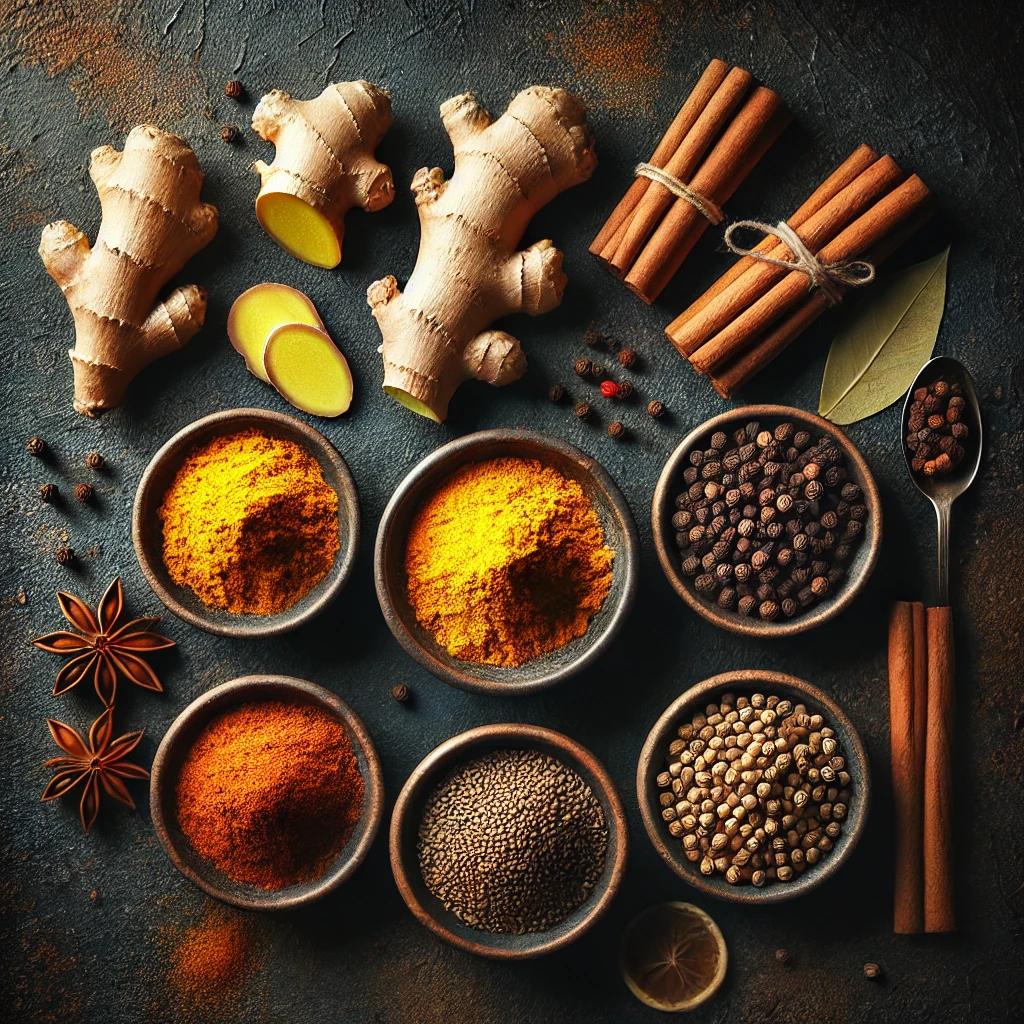 A beautifully arranged flat lay image showcasing individual spices like turmeric, ginger, cinnamon, black pepper, and cumin in small bowls, emphasizing their vibrant colors and textures.