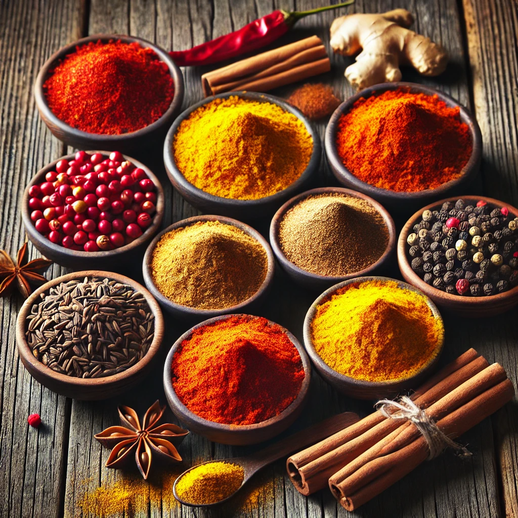 A vibrant, colorful arrangement of commonly used spices like cayenne pepper, turmeric, cinnamon, ginger, black pepper, and cumin in small bowls