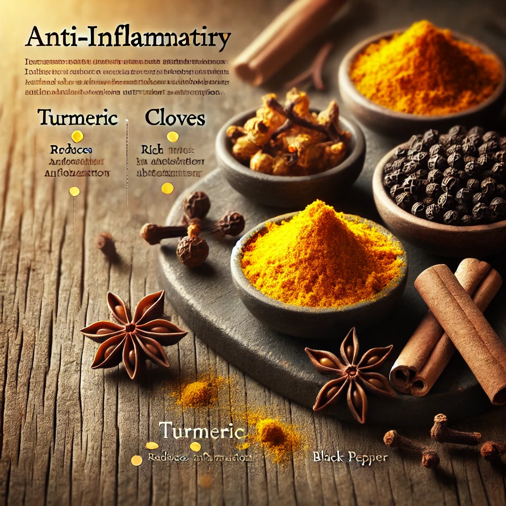 A collection of anti-inflammatory spices like turmeric, cloves, and black pepper with a background highlighting their health benefits.