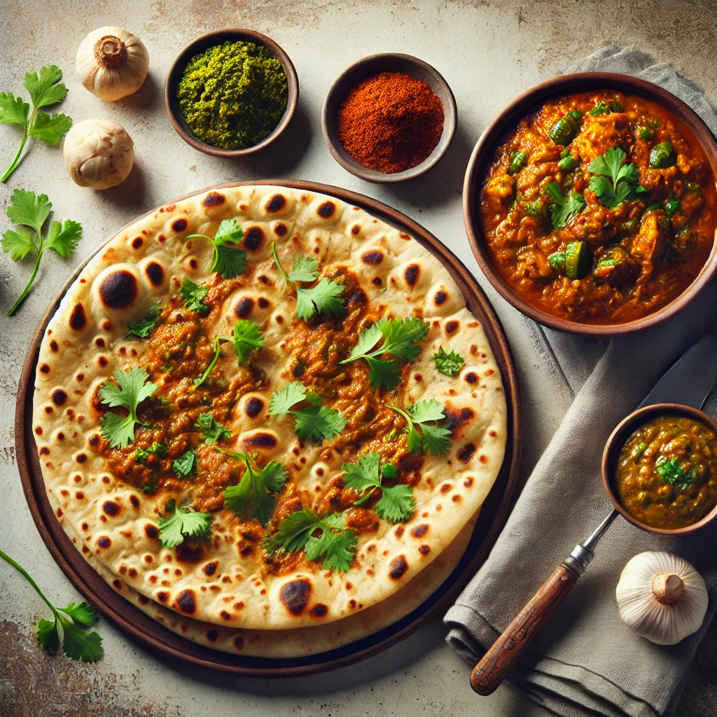 A flat lay of naan or paratha served with a dish made using Hazir Masalas, showing a complete meal presentation.