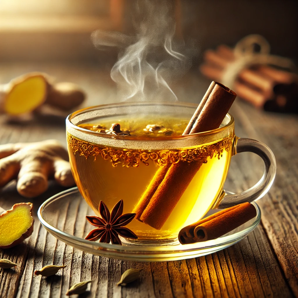 A cup of steaming ginger or turmeric tea with visible cinnamon sticks or cardamom pods, symbolizing the digestion-enhancing and fat-burning properties of spices.