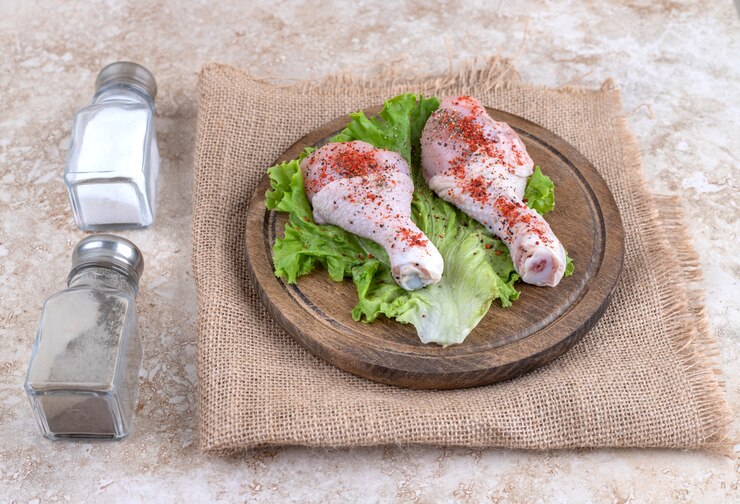 A close up shot of the marinated chicken to showcase the spices and yogurt coating