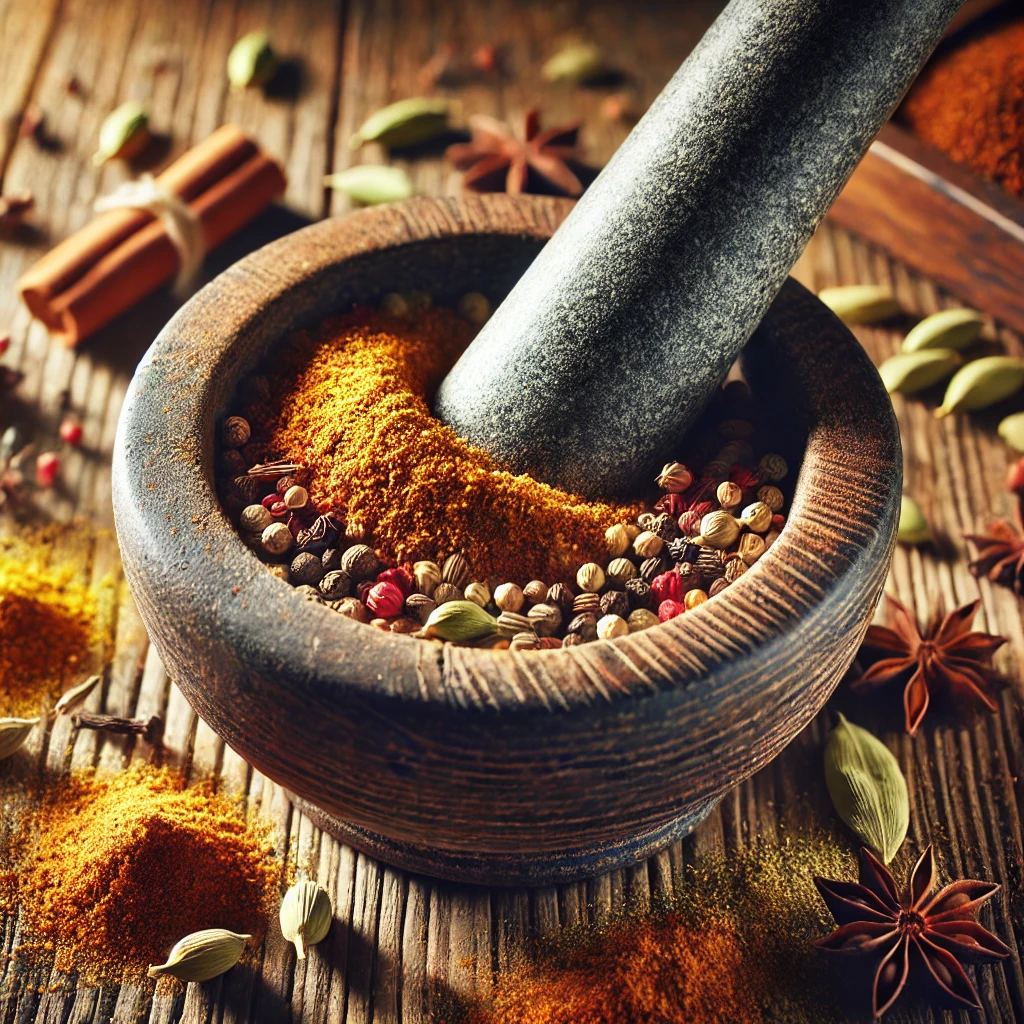 A close-up of a mortar and pestle or spice grinder in action, with spices being ground into a fine powder.