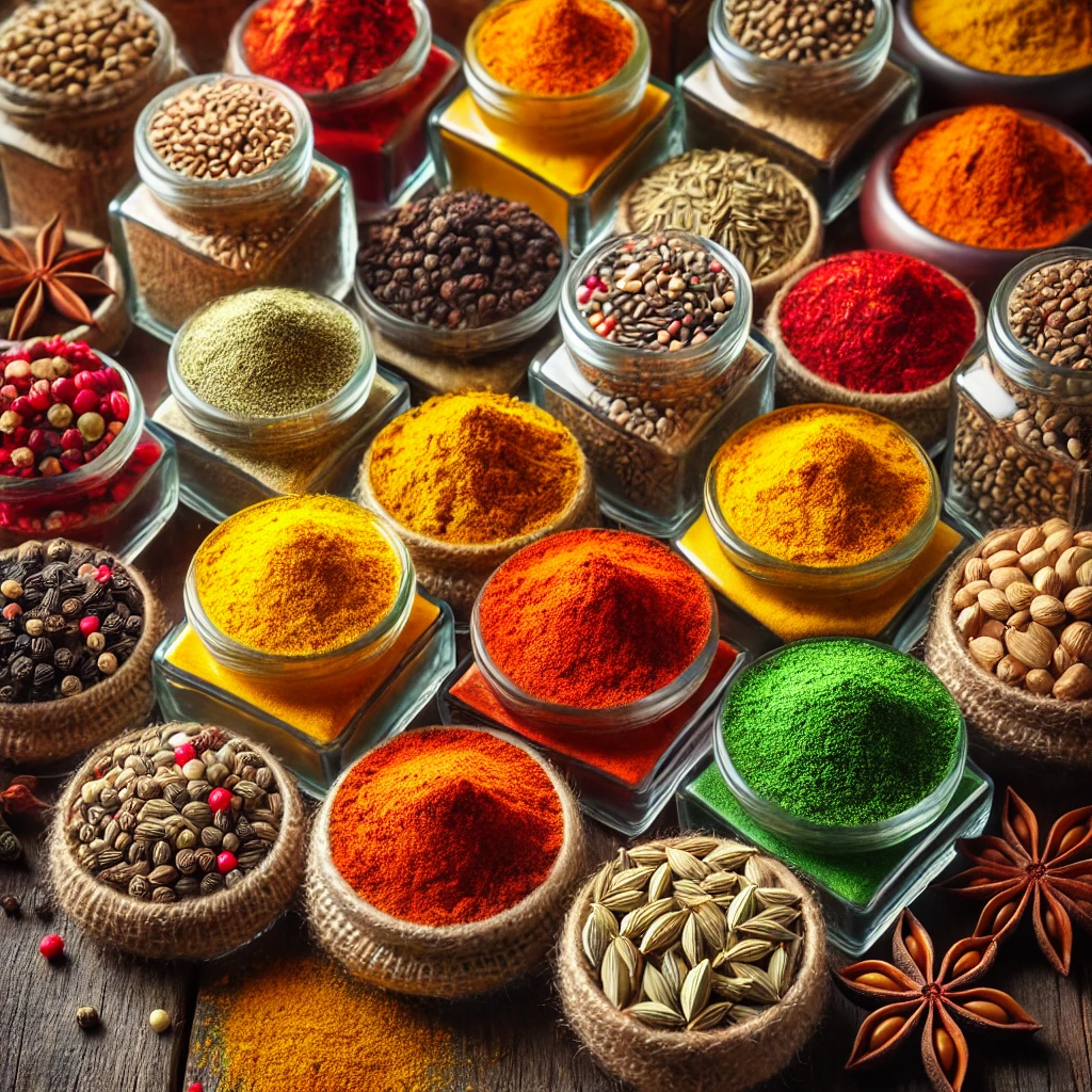 A vibrant image of various Hazir Masalas in small jars or bowls, showcasing the colorful spices like cumin, coriander, and turmeric.