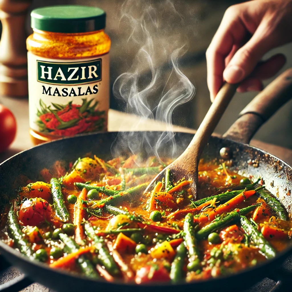 A close-up of a pan or pot with a dish being prepared using Hazir Masalas—perhaps a curry or a vegetable stir-fry.