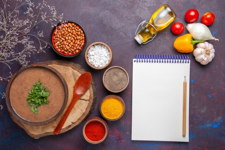 flat lay arrangement of the spices minced meat garlic ginger and fresh herbs used in the recipe