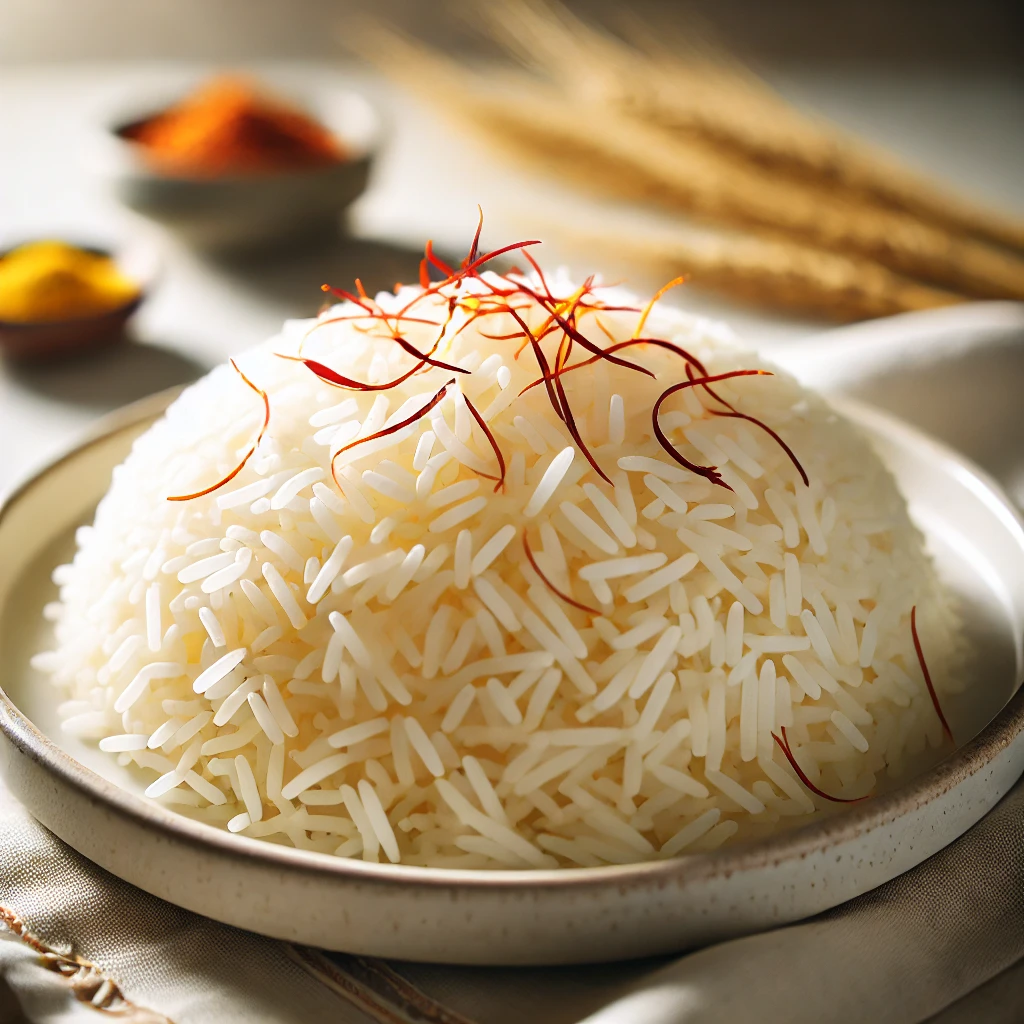 Close-Up of Cooked Basmati Rice – A steaming plate of fluffy, long-grain rice garnished with saffron.