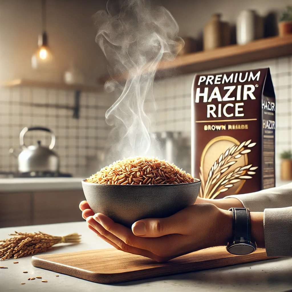 A human holding a bowl of freshly cooked brown rice benefits with Hazir Rice packaging visible in the background.