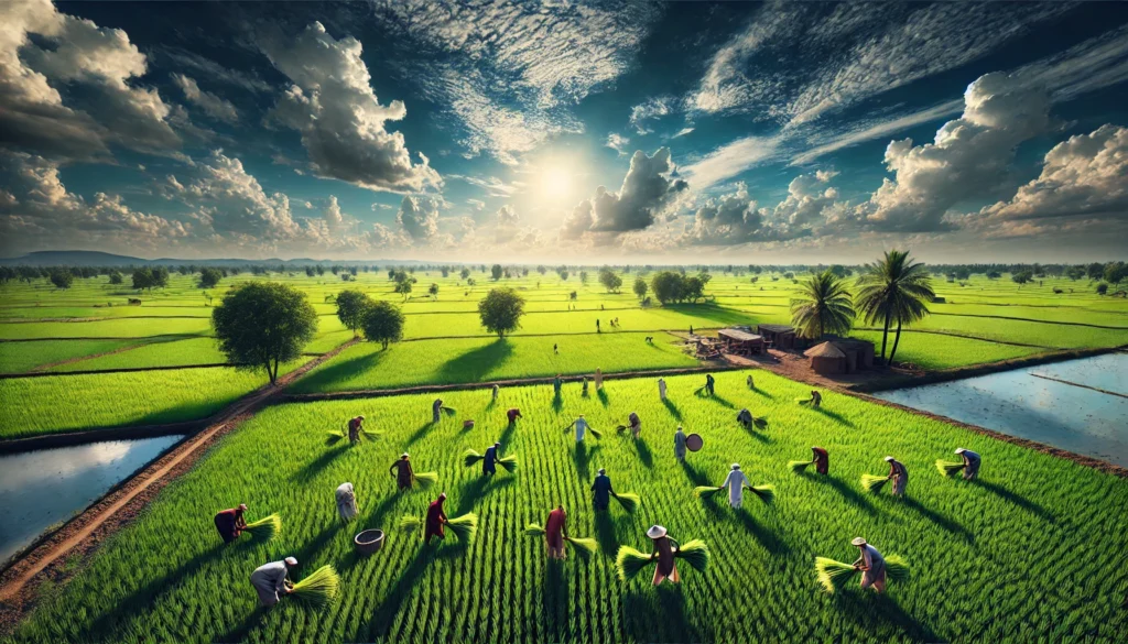 A panoramic shot of lush green rice fields with farmers working under a bright sky, symbolizing the essence of rice cultivation in Pakistan.