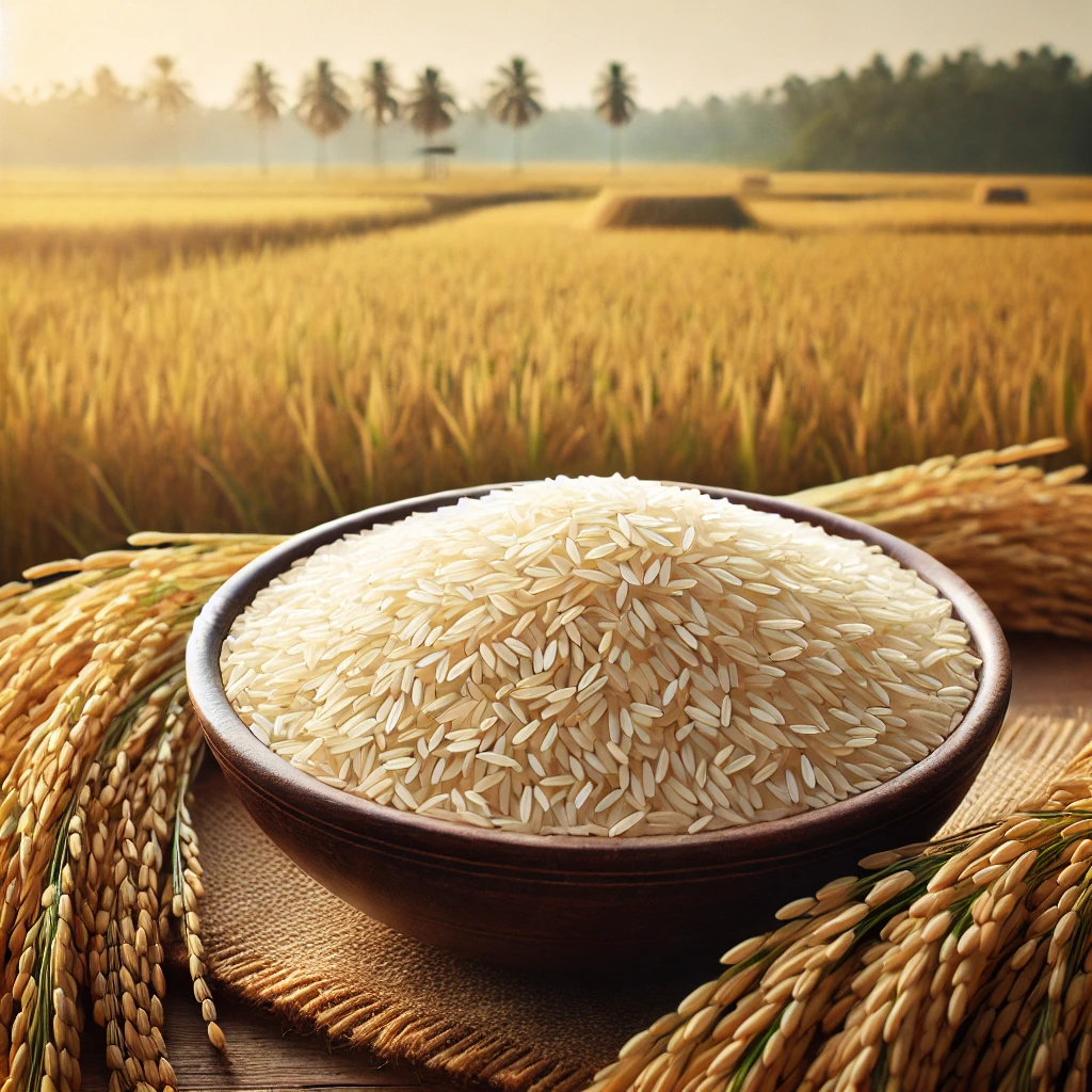 Close-up of Basmati rice grains and a field of ripe rice ready for harvest.