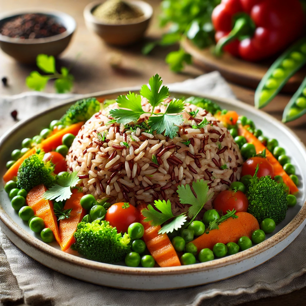 Close-up of a plated brown rice benefits dish garnished with fresh herbs and vegetables.