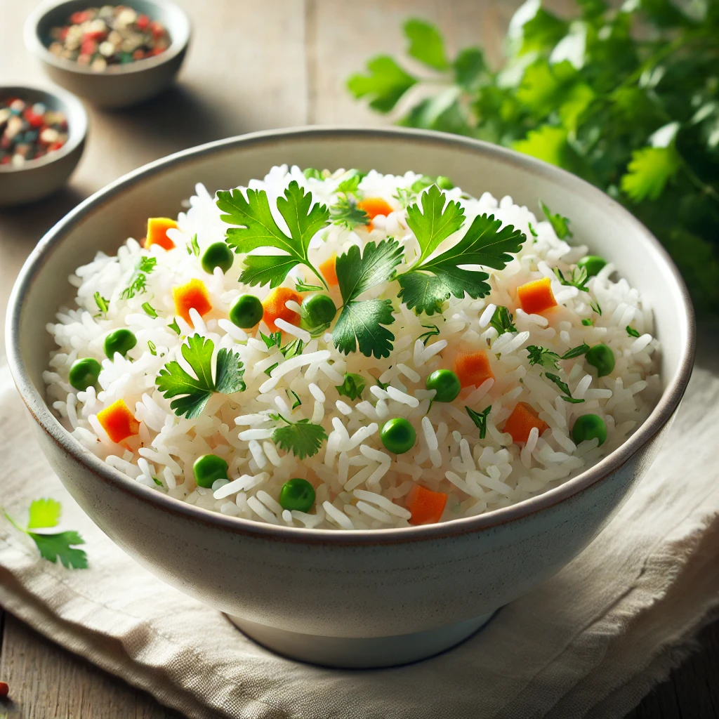 A close-up of a bowl of cooked basmati rice, garnished with fresh herbs and vegetables.