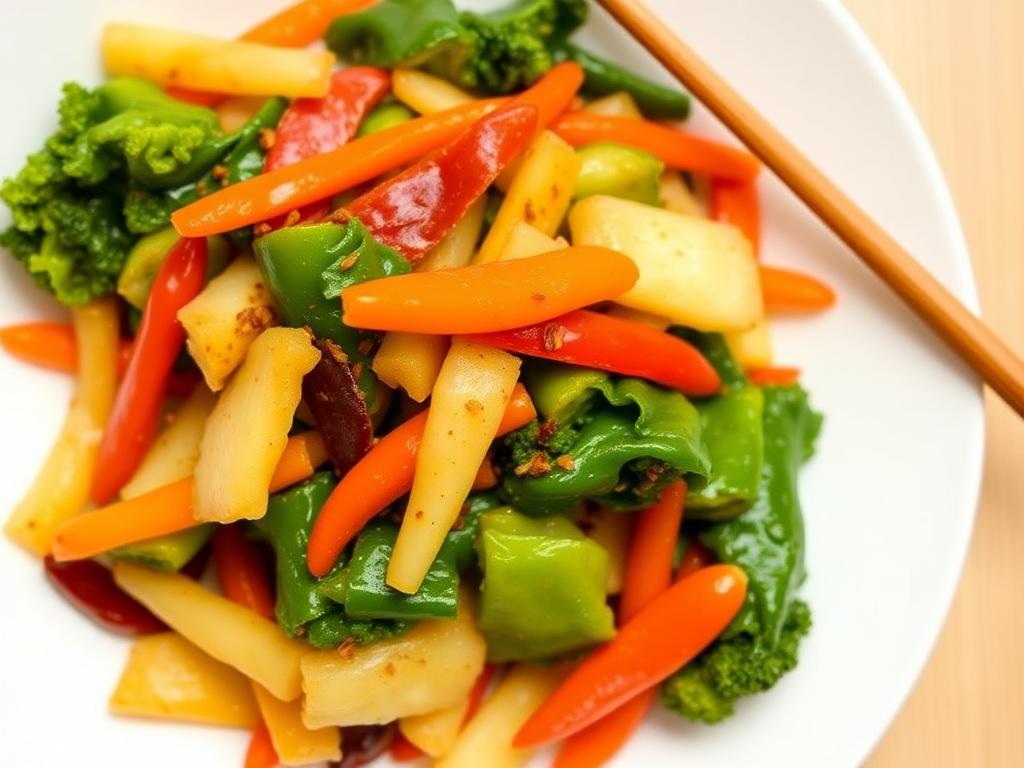 A beautifully plated vegetable stir-fry with visible Natural Flavor Enhancers like chili flakes and ginger.