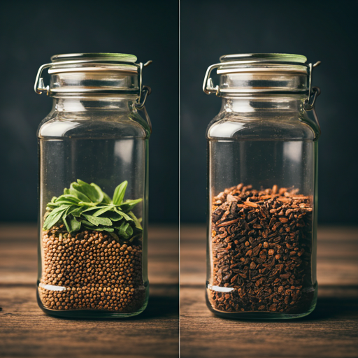 A comparison shot of fresh and stale spices, illustrating the importance of proper storage.