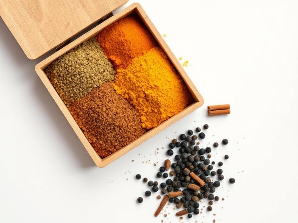 A flat lay of a Natural Flavor Enhancers box containing cumin, turmeric, cinnamon, and black pepper.