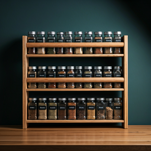 A neatly organized spice rack in a kitchen, with labeled jars stored in a cool, dark space.