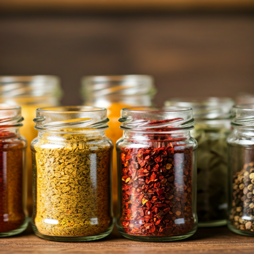 Close-up of an array of spices in glass jars, highlighting their vibrant colors. 