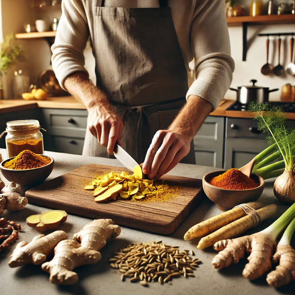 A human preparing fresh spices like ginger, turmeric, and fennel in a well-lit kitchen setting.