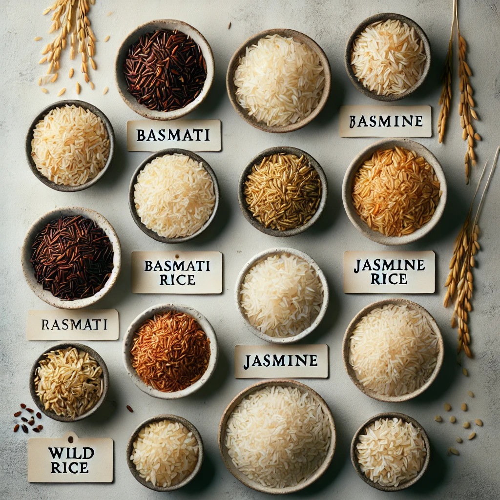 A flat lay of different rice types, labeled and ready to be cooked.
