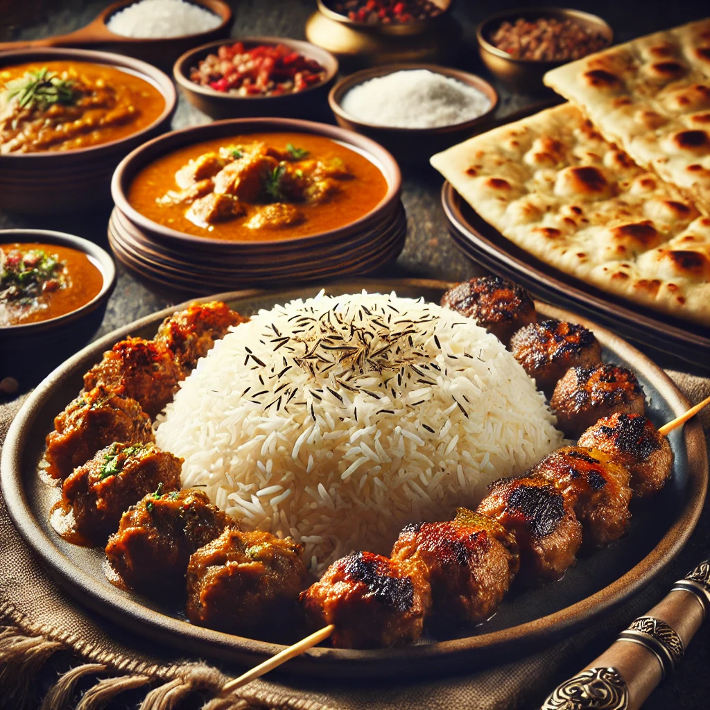 A high-quality image of a traditional Pakistani meal with a steaming plate of basmati rice as the centerpiece, surrounded by curry, kebabs, and naan.