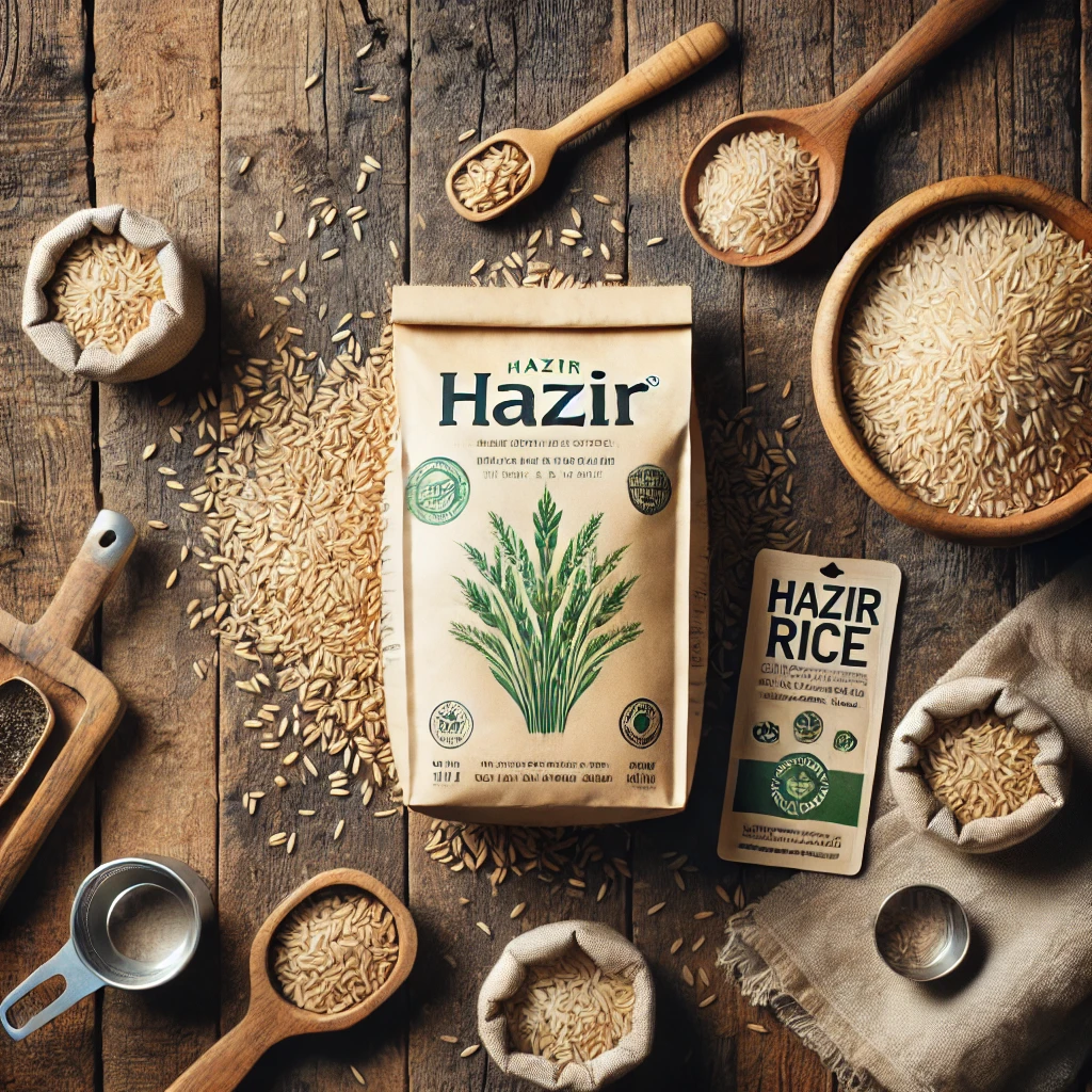  Flat lay of brown rice grains with measuring cups, cooking utensils, and eco-friendly Hazir Rice packaging.