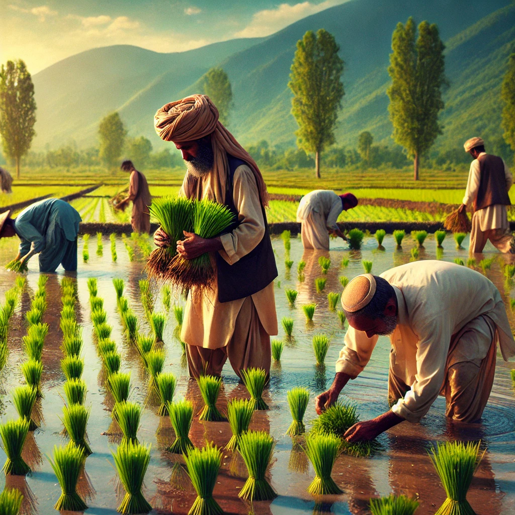 Farmers transplanting rice seedlings in a flooded paddy field in Pakistan.