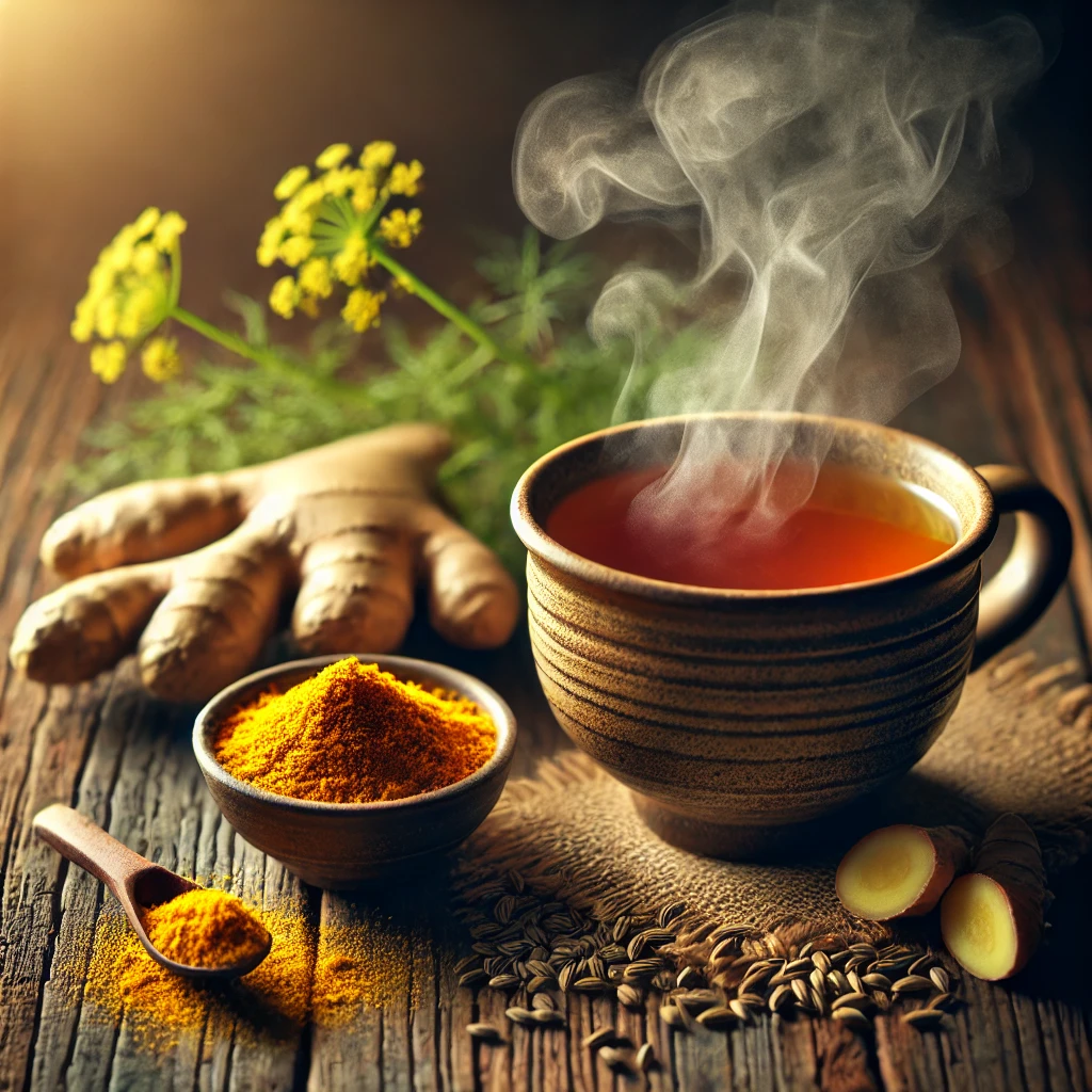 A steaming cup of ginger tea in which natural remeides placed on a wooden table with a sprinkle of turmeric and fennel seeds nearby.