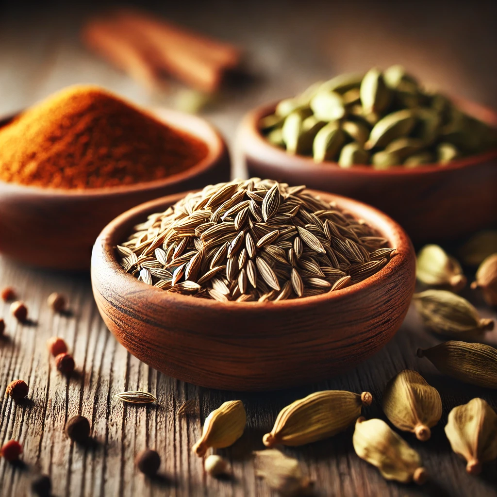 A close-up of natural remedies  like cumin, fennel, and cardamom in bowls with a focus on their textures.