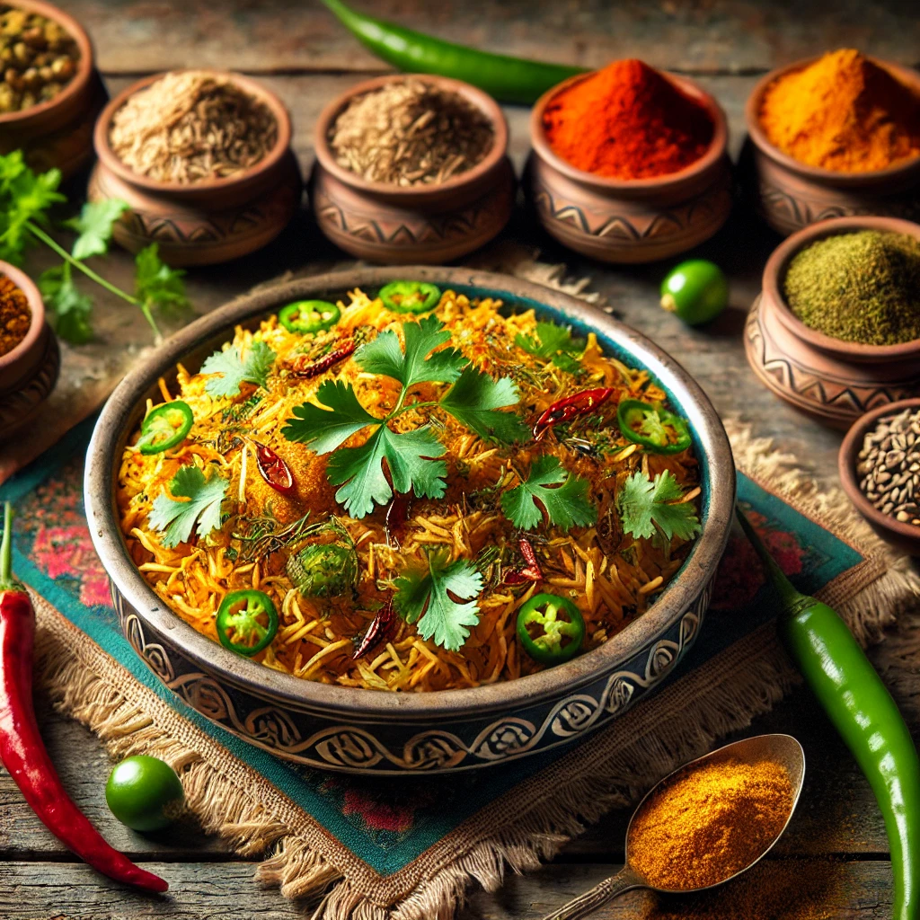 A traditional Pakistani dish (biryani or curry) garnished with fresh spices, alongside small bowls of raw spices.