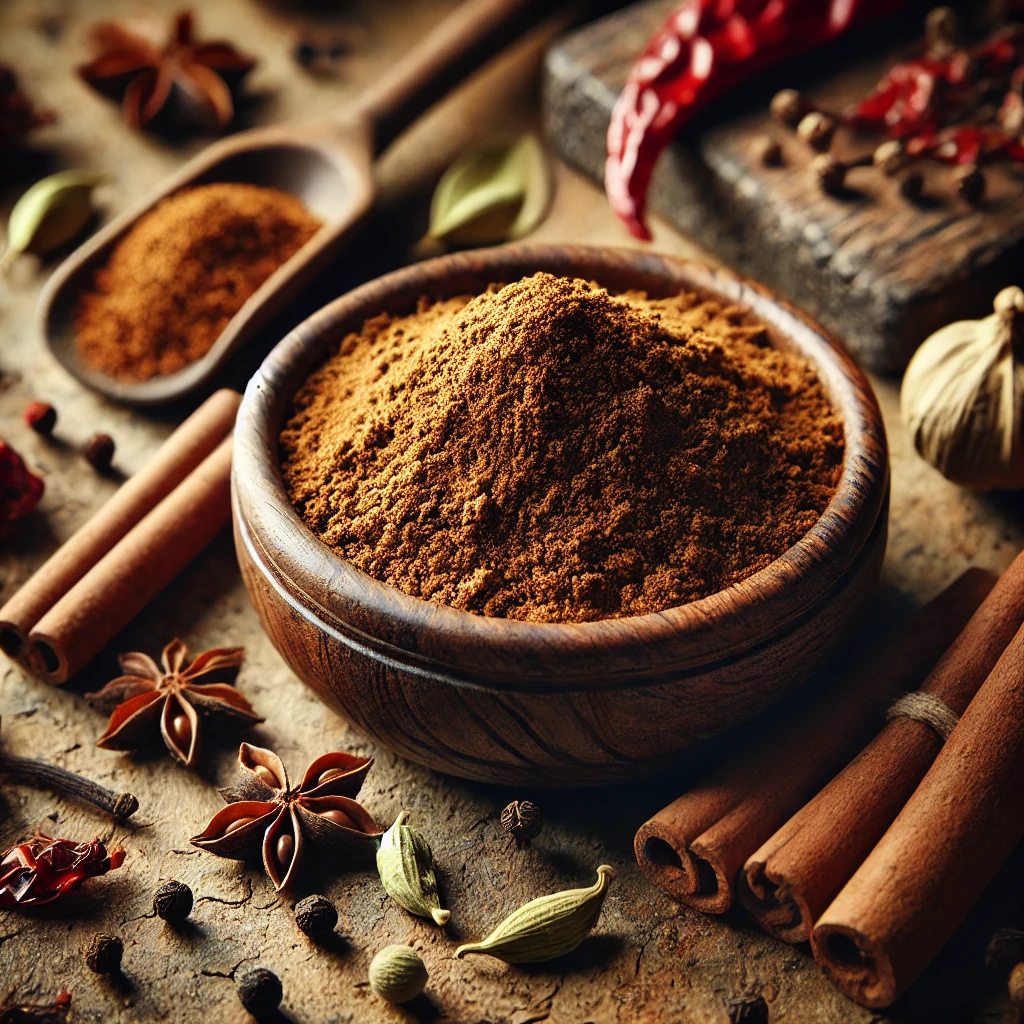 A close-up shot of a Pakistani spice blend (garam masala) in a wooden bowl, with whole spices scattered around it.
